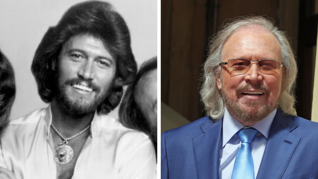 Side-by-side of Barry Gibb then and now