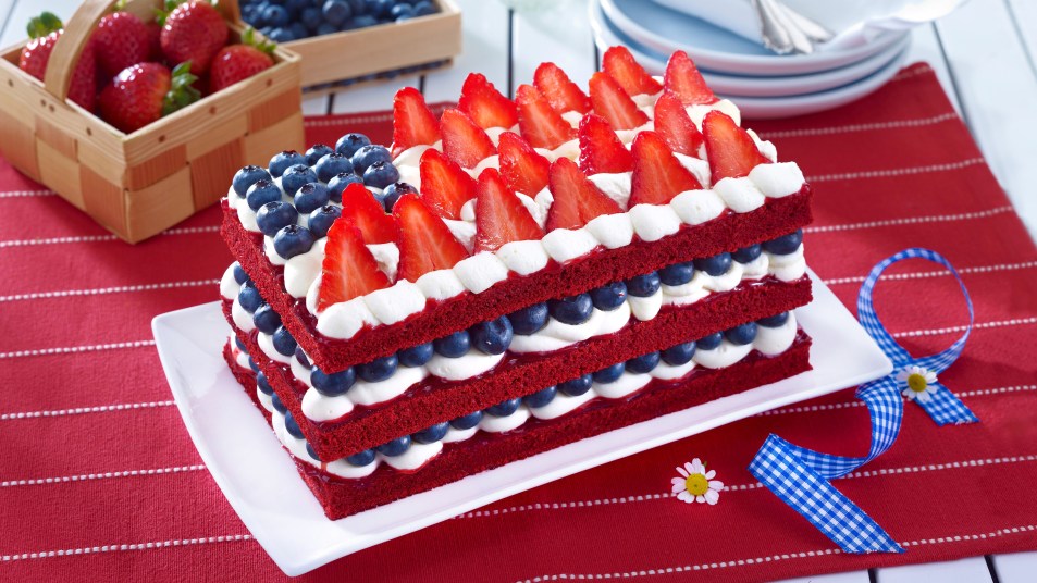 4th of July red velvet layer cake dessert decorated like American flag