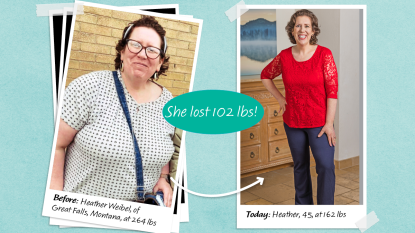 before and after of Heather Weibel, who lost weight on plant based whole30
