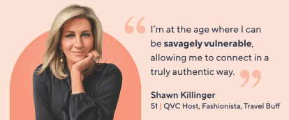 QVC host Shawn Killinger arranged on a peach and pink background next to a block of text quote.