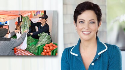 Ellie Krieger giving food to needy and headshot