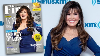 Marie Osmond posing with cover of FIRST for women