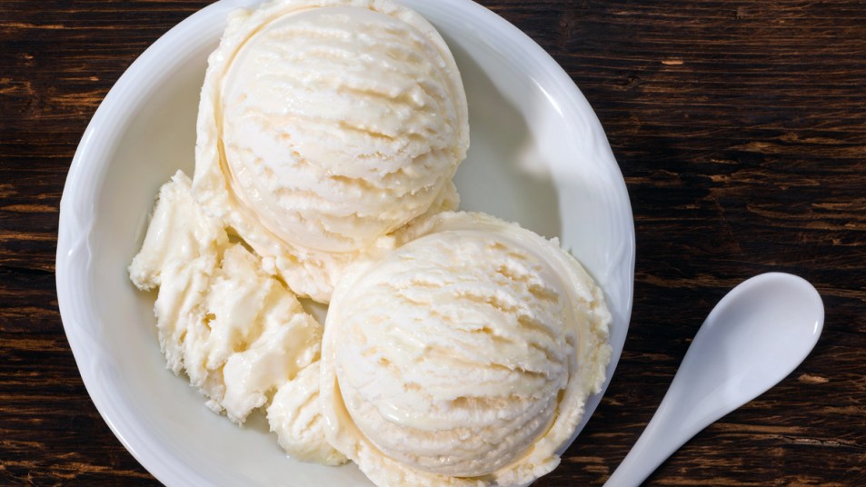 Bowl with two scoops of vanilla ice cream