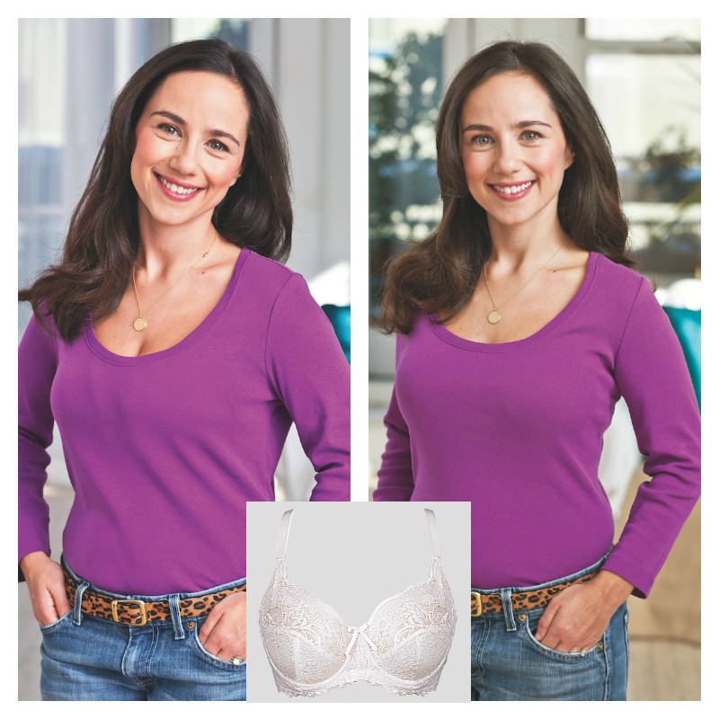 brunette woman in purple top smiling with hands in pockets trying push up bras before and after