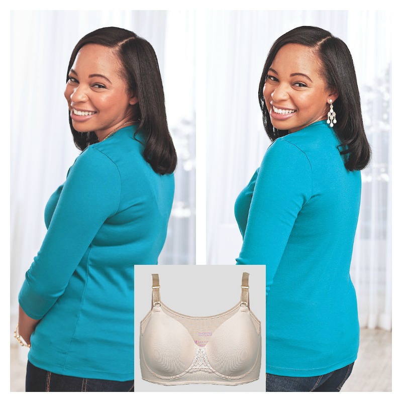 african american woman in a teal top smiling before and after with a bra