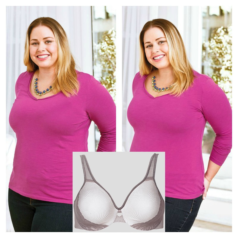 blonde woman in pink shirt trying push up bras before and after