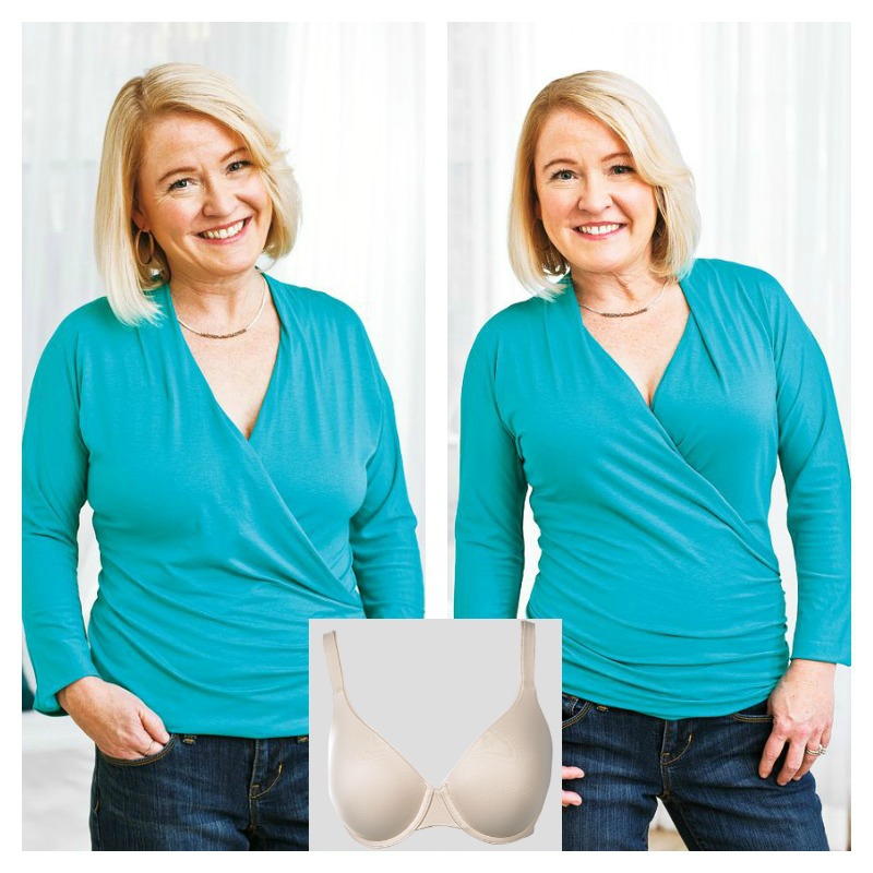 blonde woman smiling in teal shirt before and after bra