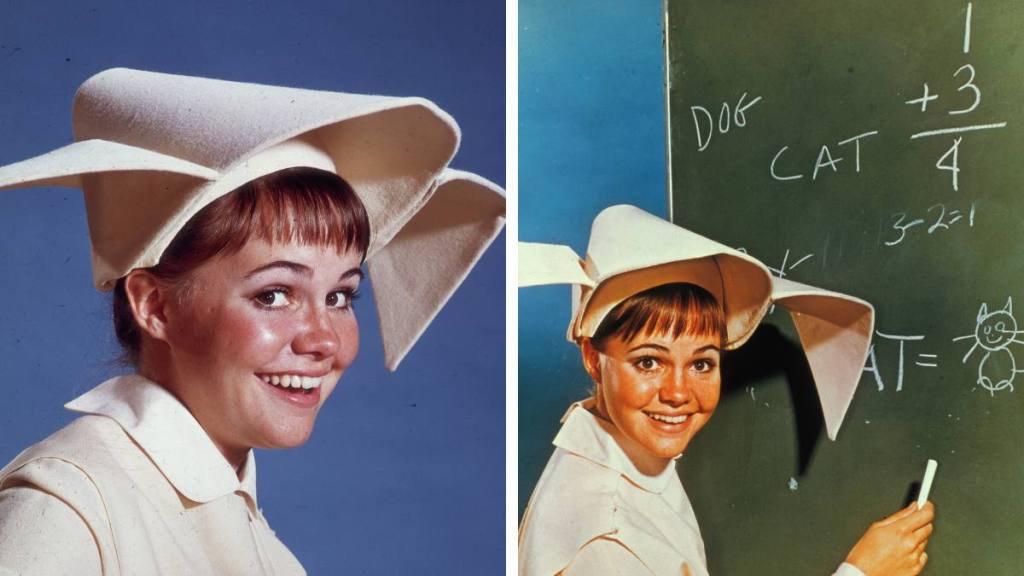 American actor Sally Field young in costume as Sister Bertrille in a promotional portrait for the television series, 'The Flying Nun'. (