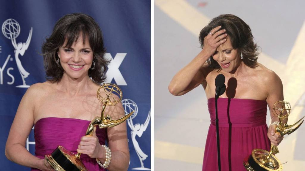 Actress young Sally Field poses in the pressroom with her Emmy for "Outstanding Lead Actress in a Drama Series" for "Brothers and Sisters" during the 59th Annual Primetime Emmy Award