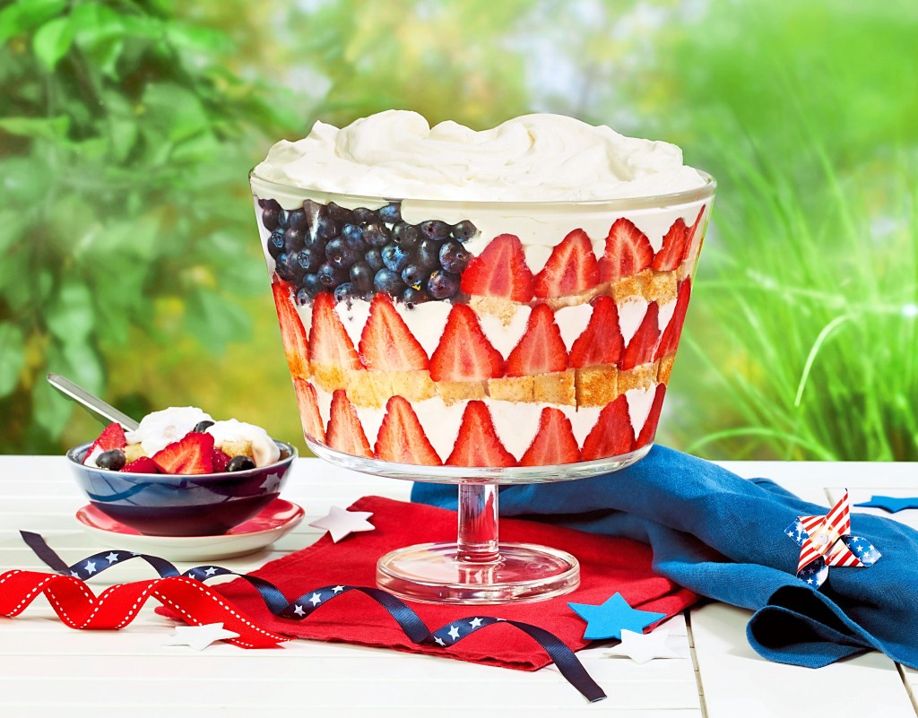 4th of July trifle with blueberries and strawberries arranged like American flag