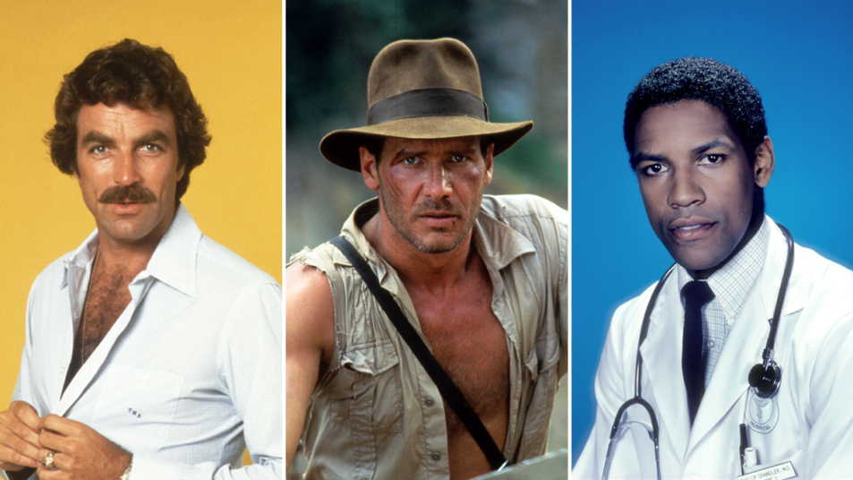 hot male 80’s stars Hot Tom Selleck, Harrison Ford and Denzel Washington, 1980s