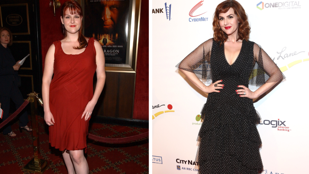 Sara Rue in 2002 and 2019