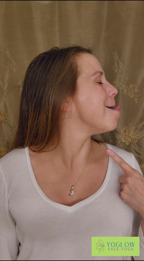 Face yoga with tongue and chin out