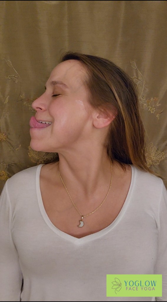 Face yoga with tongue and chin out