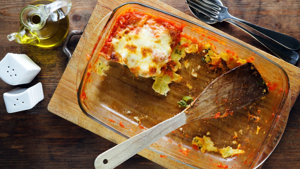 Casserole pan with leftover lasagna