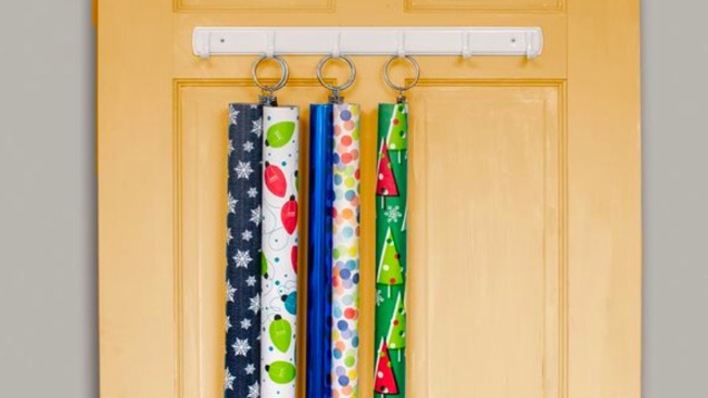 Showing how to store wrapping paper on hooks