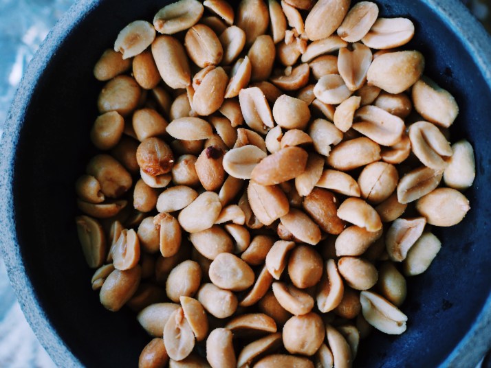a bowl of peanuts, birds eye view