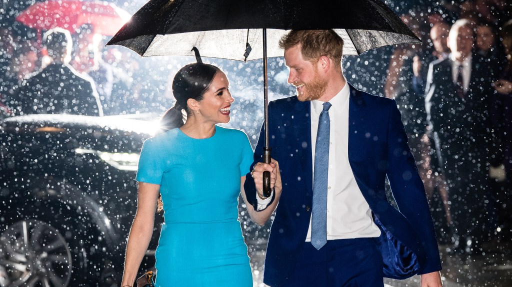Prince Harry and Meghan smiling at each other under an umbrella