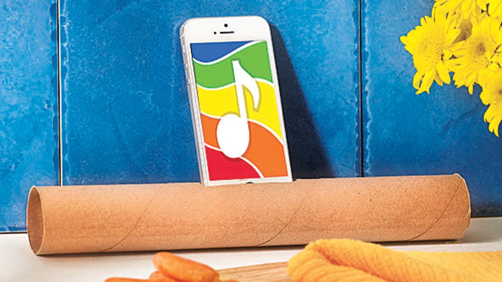 a paper towel tube with a cell phone placed inside: uses for cardboard tubes