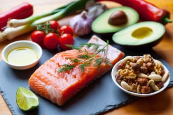 Table top still life of foods high in healthy fats such as Salmon, olive oil, nuts and avocados with vegetables and herbs.