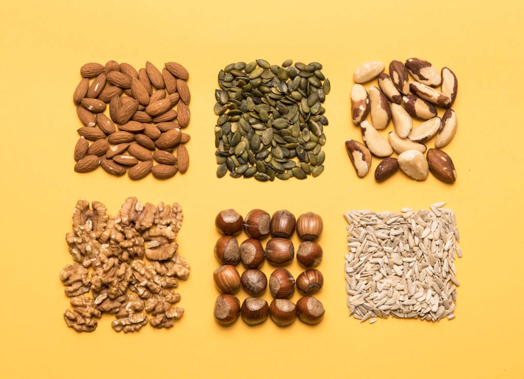 Nuts and seeds arranged in squares
