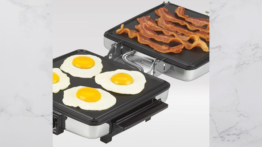 waffle maker cooking eggs and bacon