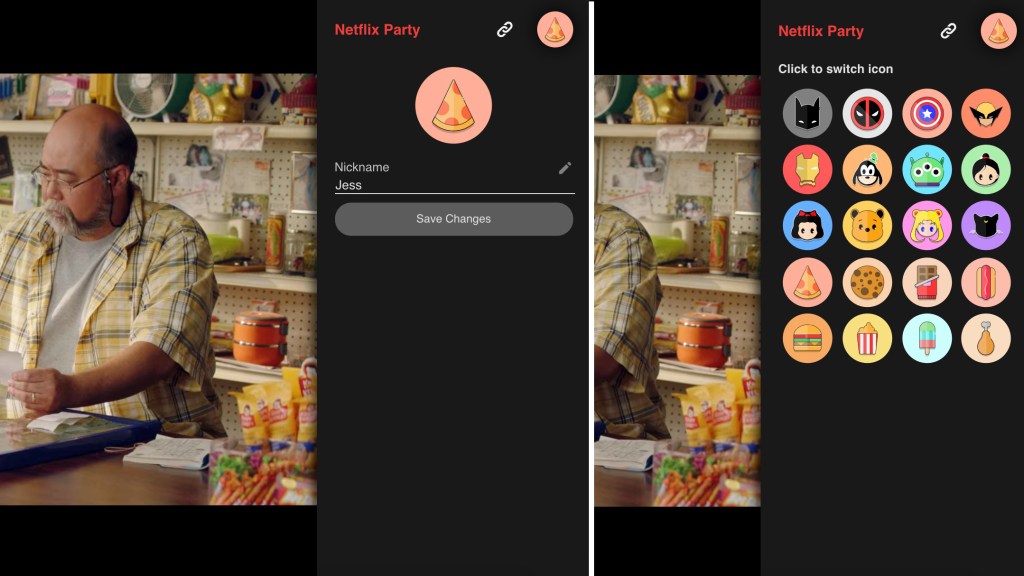 Screenshot of Netflix Party profile options