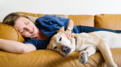 woman on sofa with dog