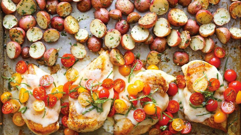 Bruchetta chicken and potatoes on sheet pan