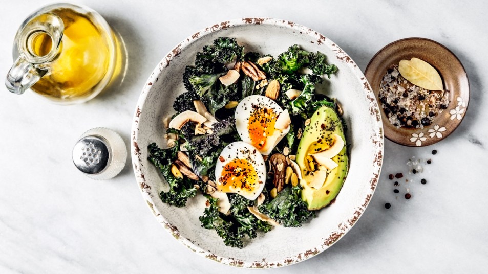 Salad with kale, avocado, and egg
