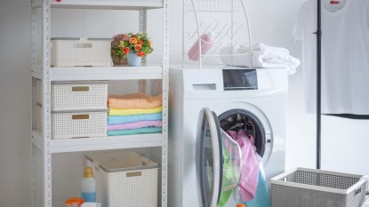 Stackable bins are one of many laundry room storage ideas