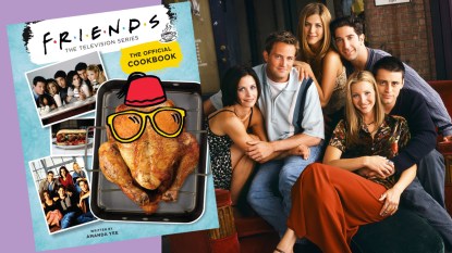 Cover of the official 'Friends Cookbook' next to cast photo