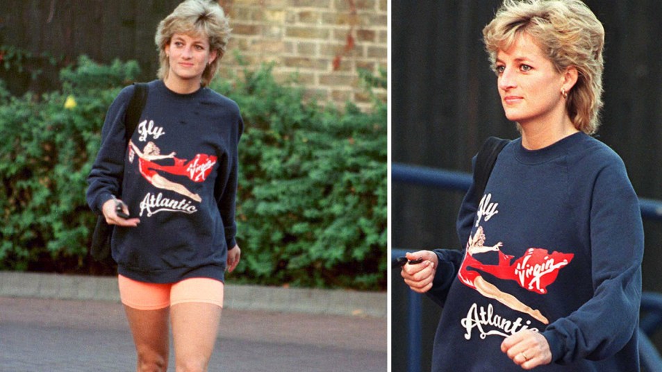 Princess Diana leaving gym in sweatshirt and bike shorts
