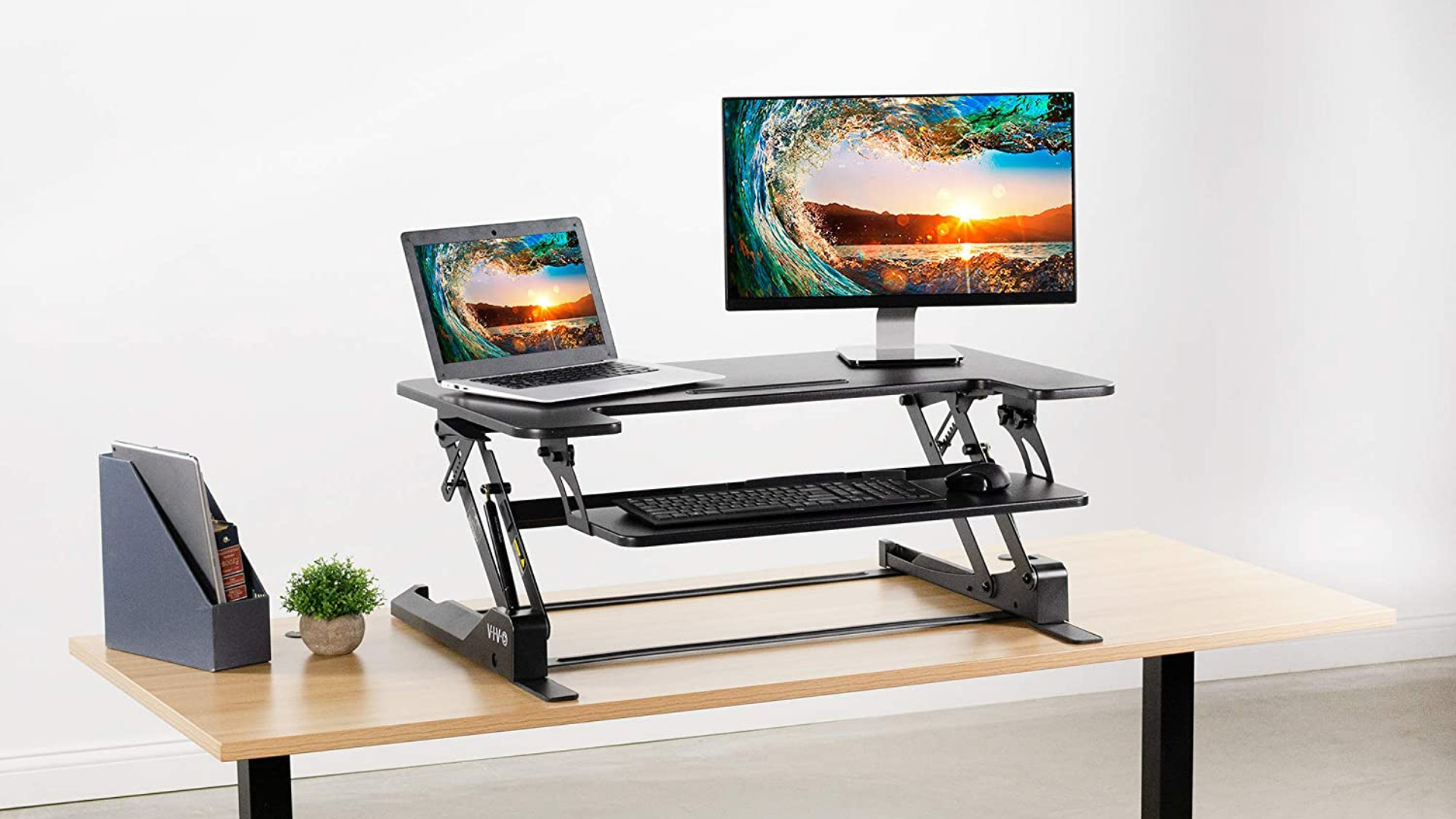 FlexiSpot E7 Bamboo Standing Desk - Stylish and Functional | 55×28 inch Bamboo Desktop & Black Frame | Stand Up Desk for Home Office