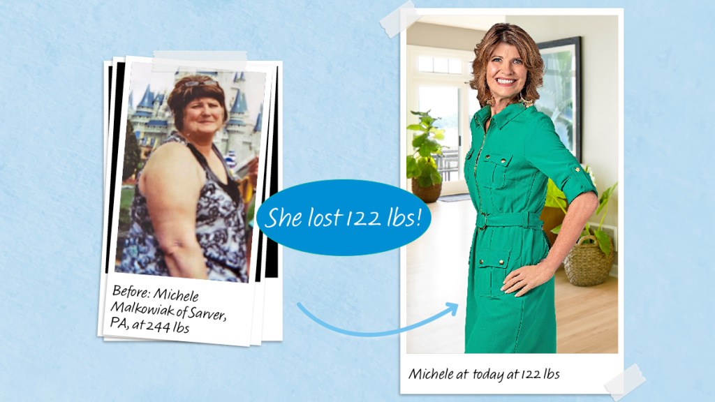 Before and after photos of Michele Malowiak who lost 122 lbs by increasing her fiber intake