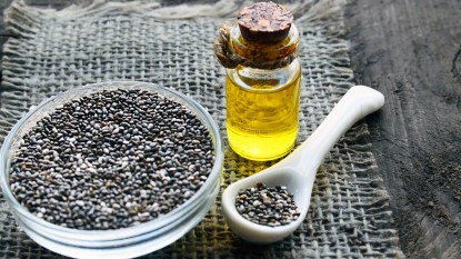 Chia seeds with a bottle of oil