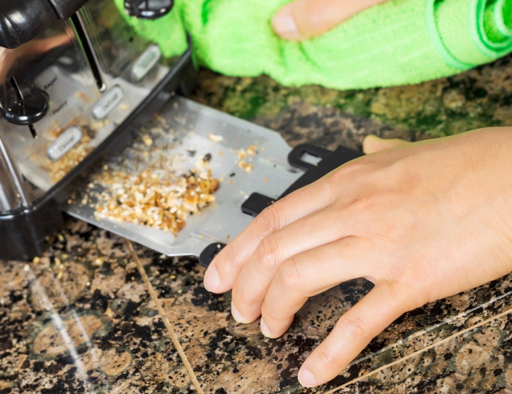 Woman's hands removing crumb tray from toaster