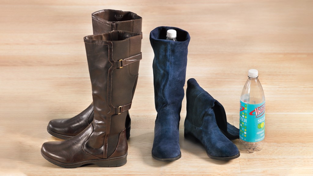Keeping boots upright is one of many uses for plastic bottles