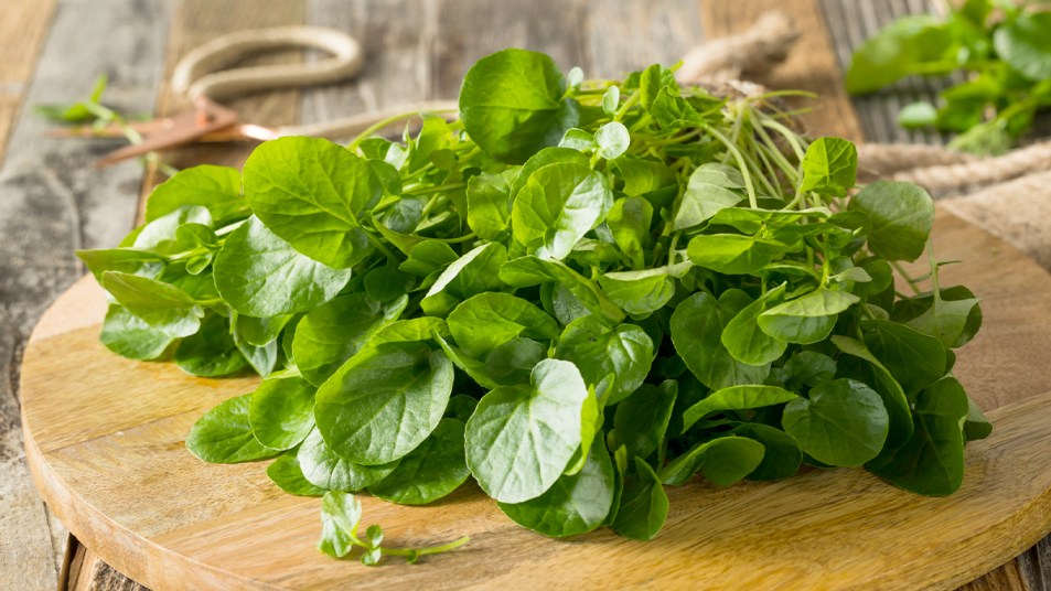 Watercress on a wooden cutting board