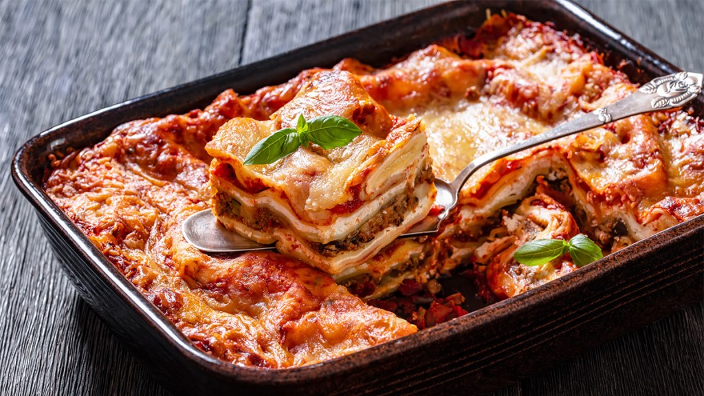 Lasagna in a dish as part of our guide on how to reheat it