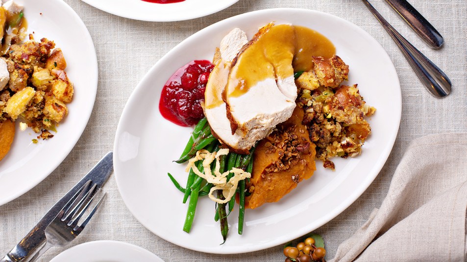 A Thanksgiving plate with turkey as part of a guide on reheating it