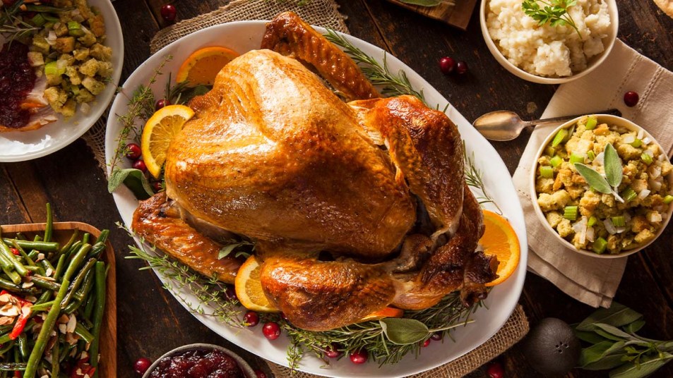 Turkey on platter that's roasted up golden brown after being basted with wine