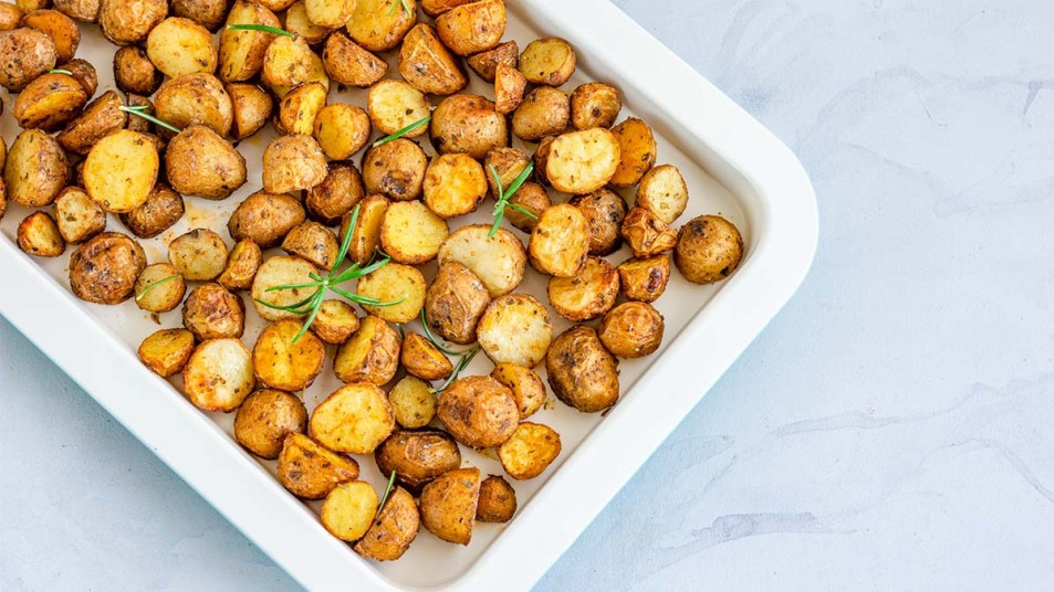 A tray of roasted potatoes