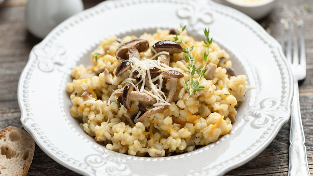 A mushroom barley pilaf recipe as part of a guide on how to prevent mushrooms from getting soggy