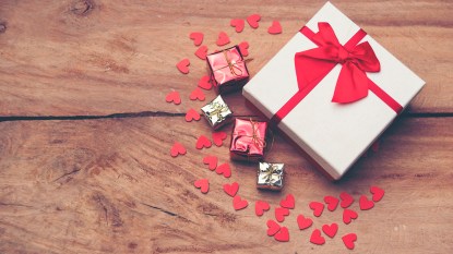 valentine's day gifts on a wooden table