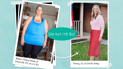 Before and after of Penny Wade, who lost 178 lbs on a plant-based diet plan