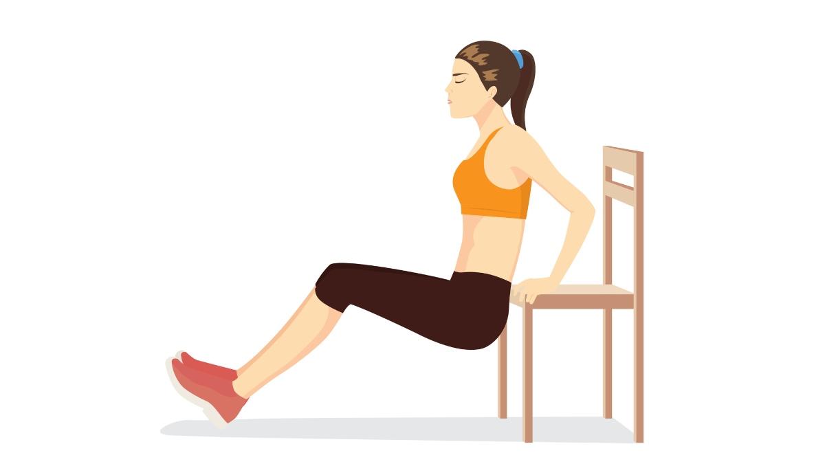 illustration of woman performing tricep dips on a chair