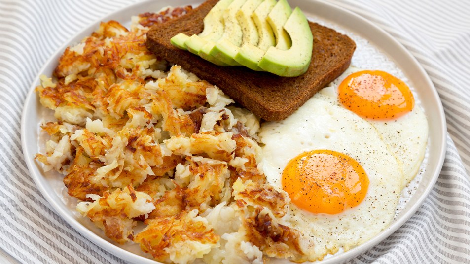 A full breakfast spread with sheet pan hash browns, eggs and avocado toast