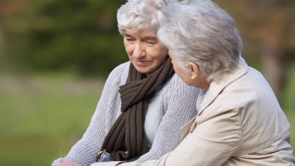 Two gray haired women friends sit together in a park.