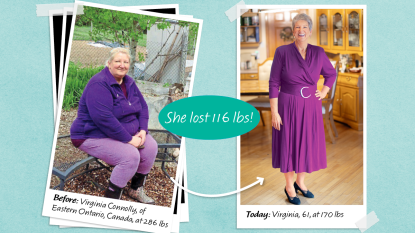 before and after of Virginia Connolly, who lost weight when she learned how to cut back on sugar